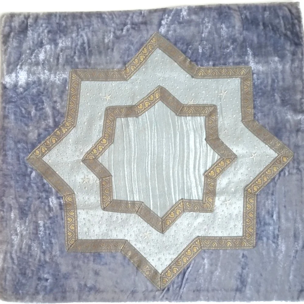 Vintage Dusty Blue Gold Velvet Embroidered Embossed Star Pillow Sham 15” X 16”